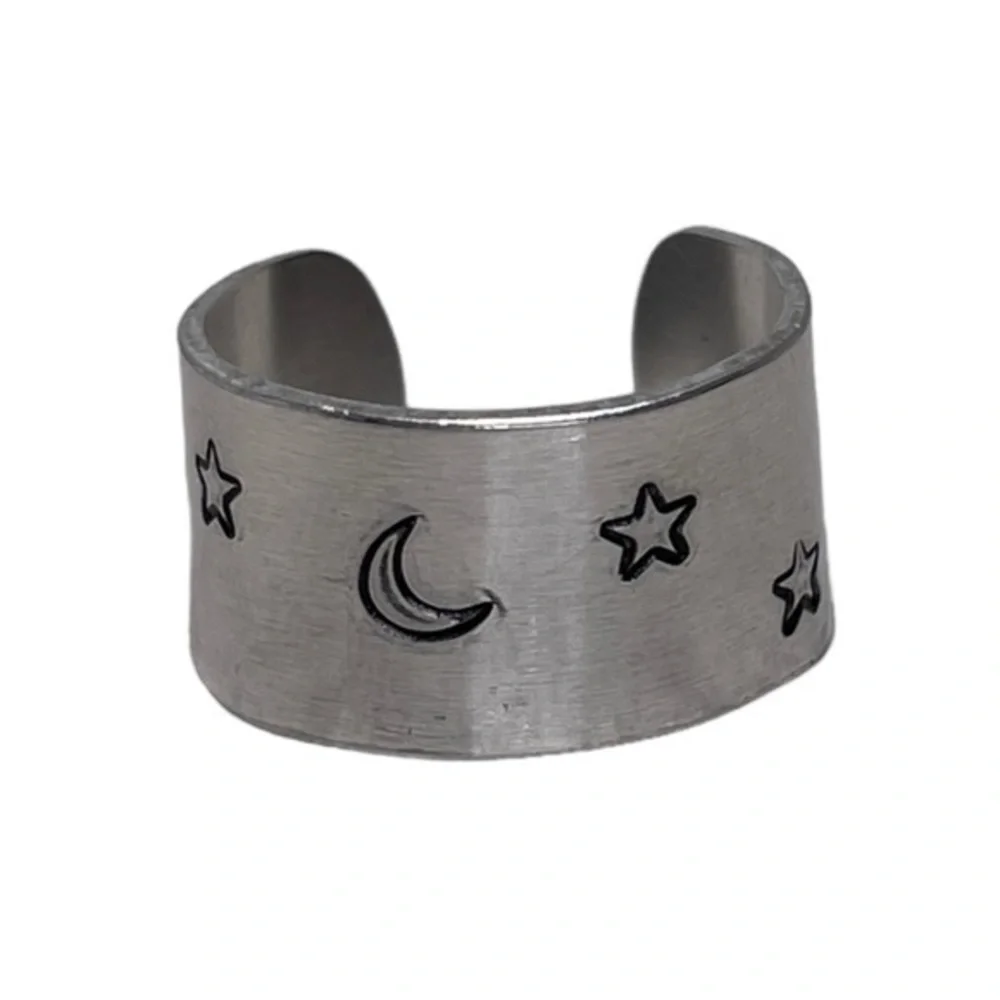 Handmade 9 stamped moon & stars silver adjustable hypoallergenic wide cuff‎ ring